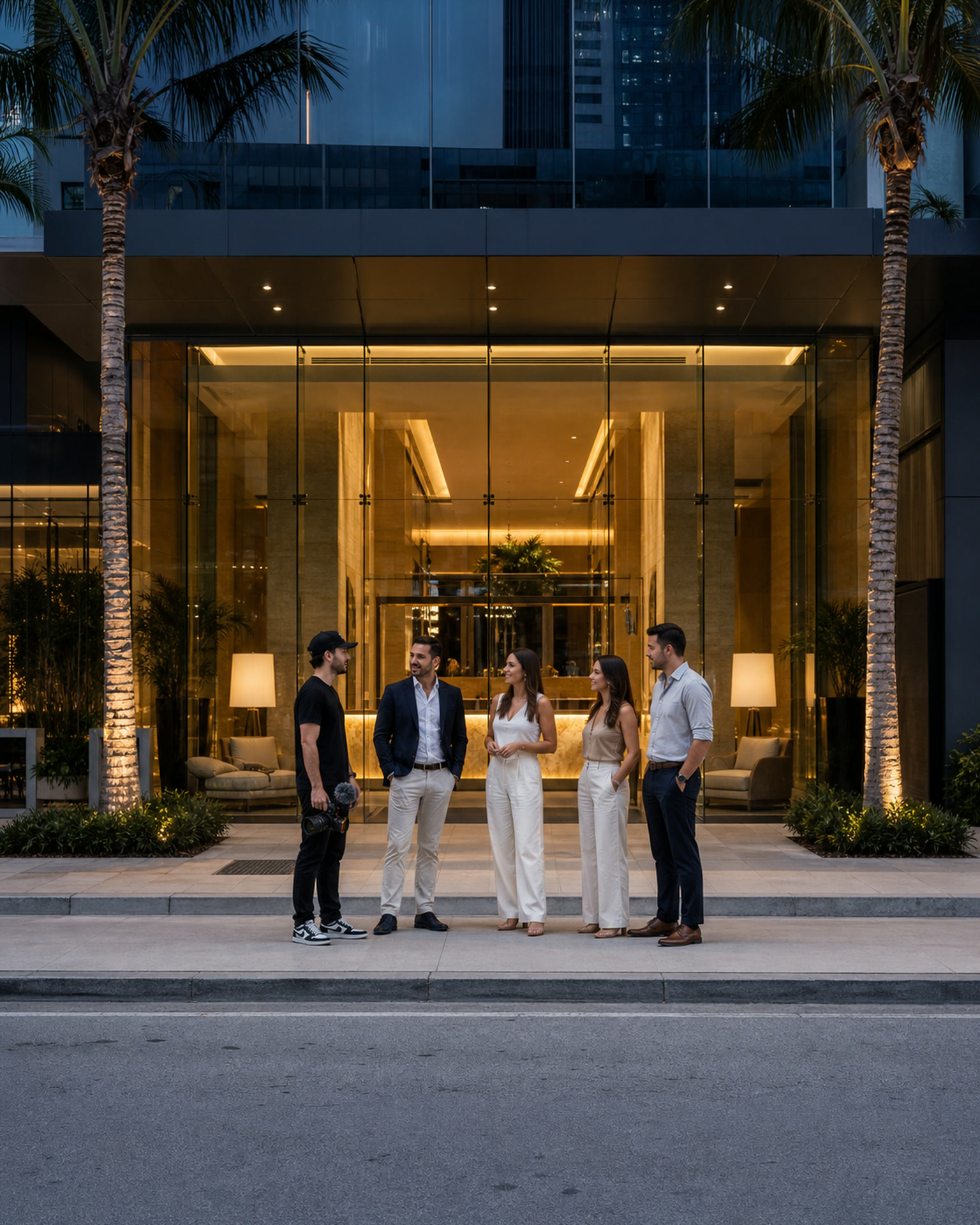 A Miami videographer speaking with four business owners in front of a glass Brickell hotel lobby at blue hour