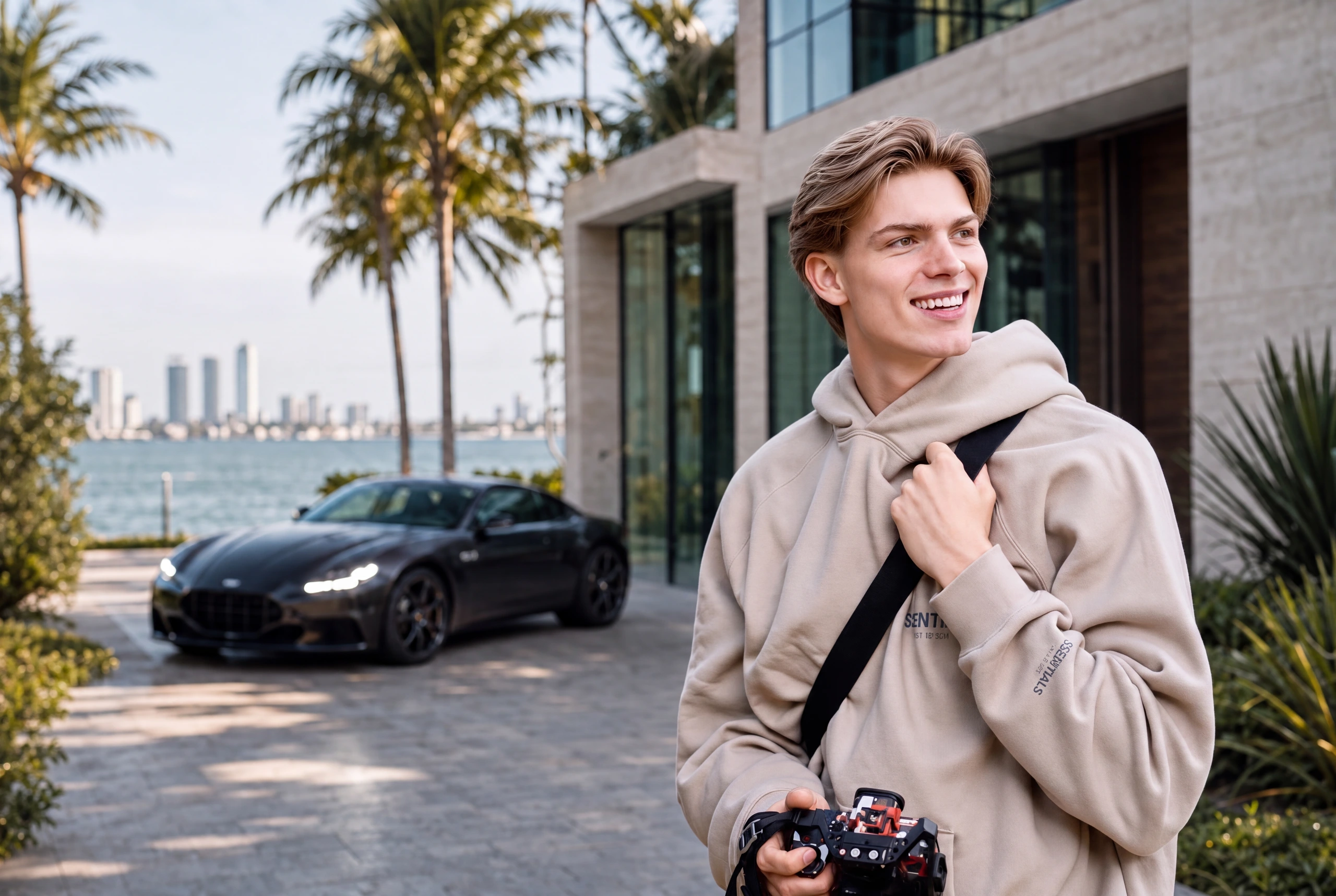 Daniels of CONTENCITY holding his camera at a Miami waterfront property