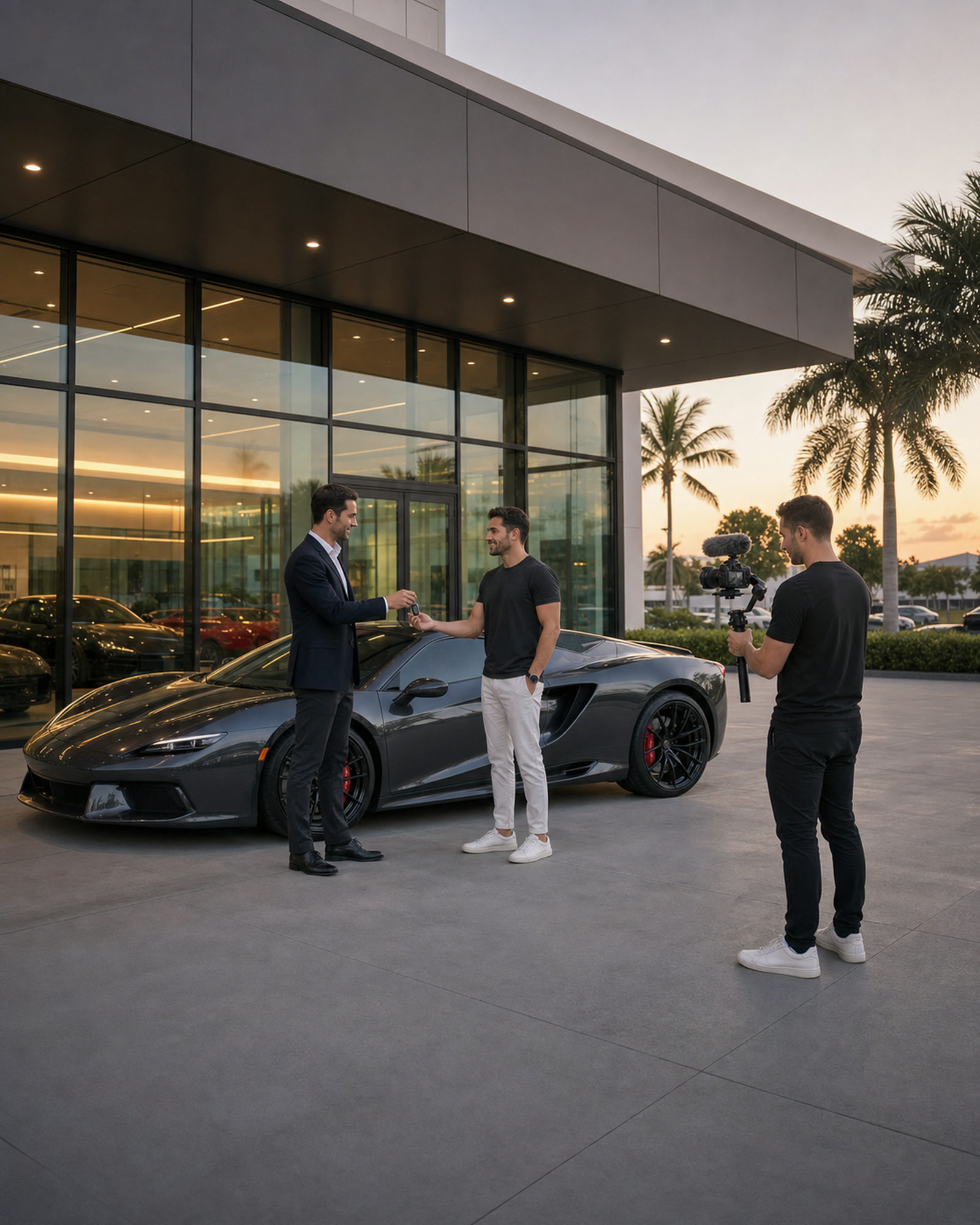 A videographer filming a luxury sports car key handoff outside a glass Miami dealership