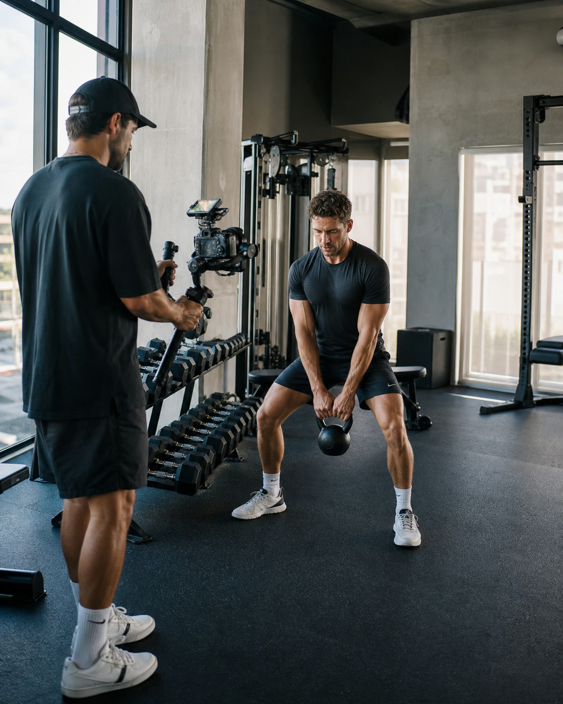 A Miami videographer filming a client's kettlebell training session with a cinema camera on a gimbal