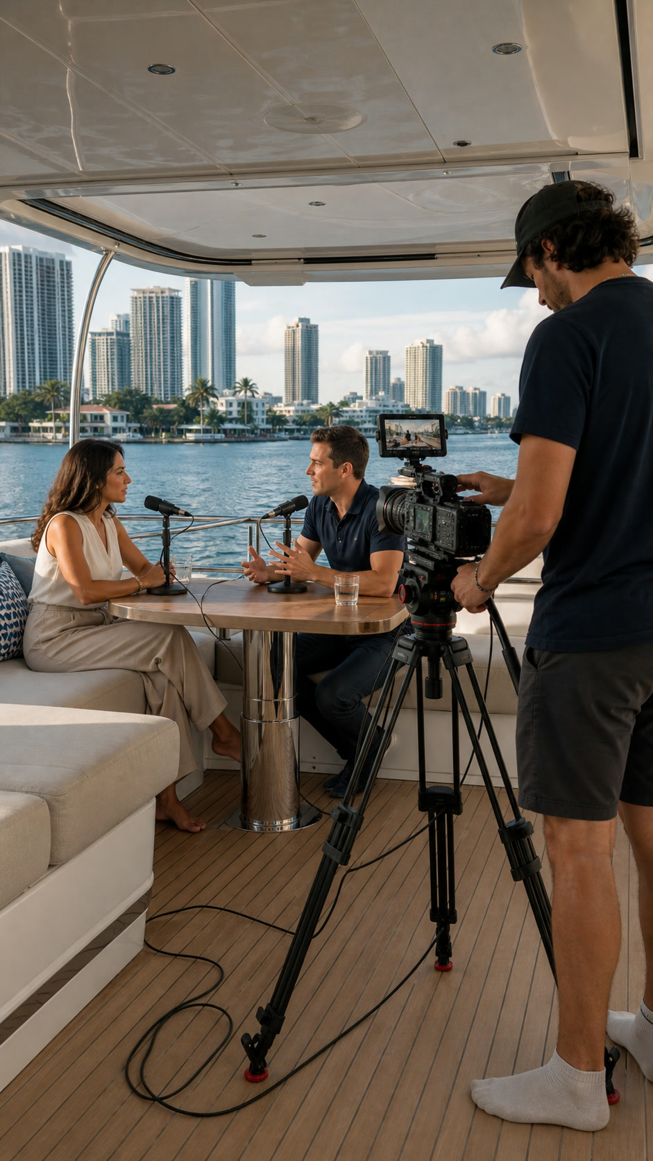 A two-person podcast conversation filmed by a videographer with a tripod-mounted camera aboard a yacht in Miami