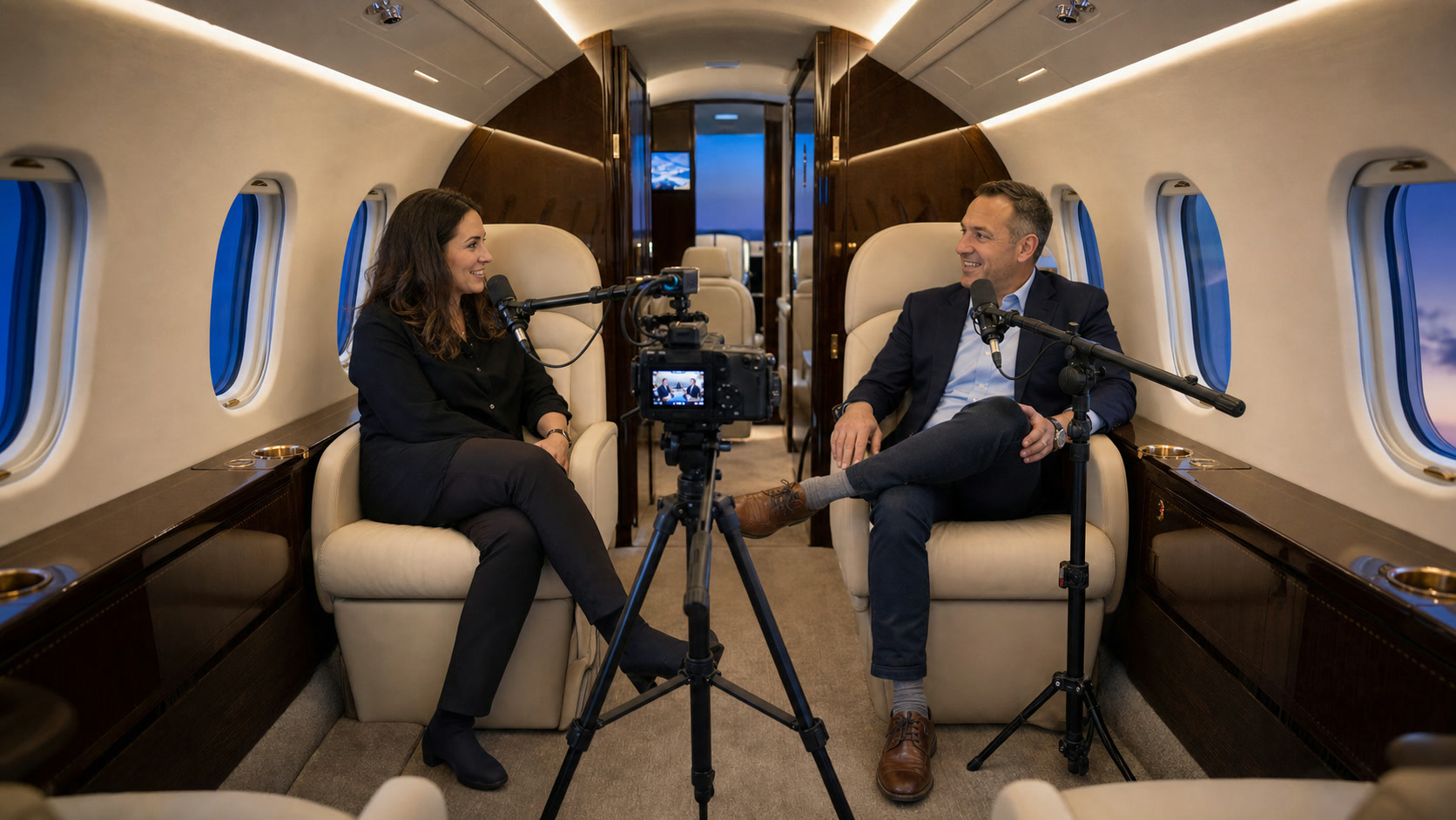 A tripod-mounted cinema camera filming two podcast guests inside a private jet