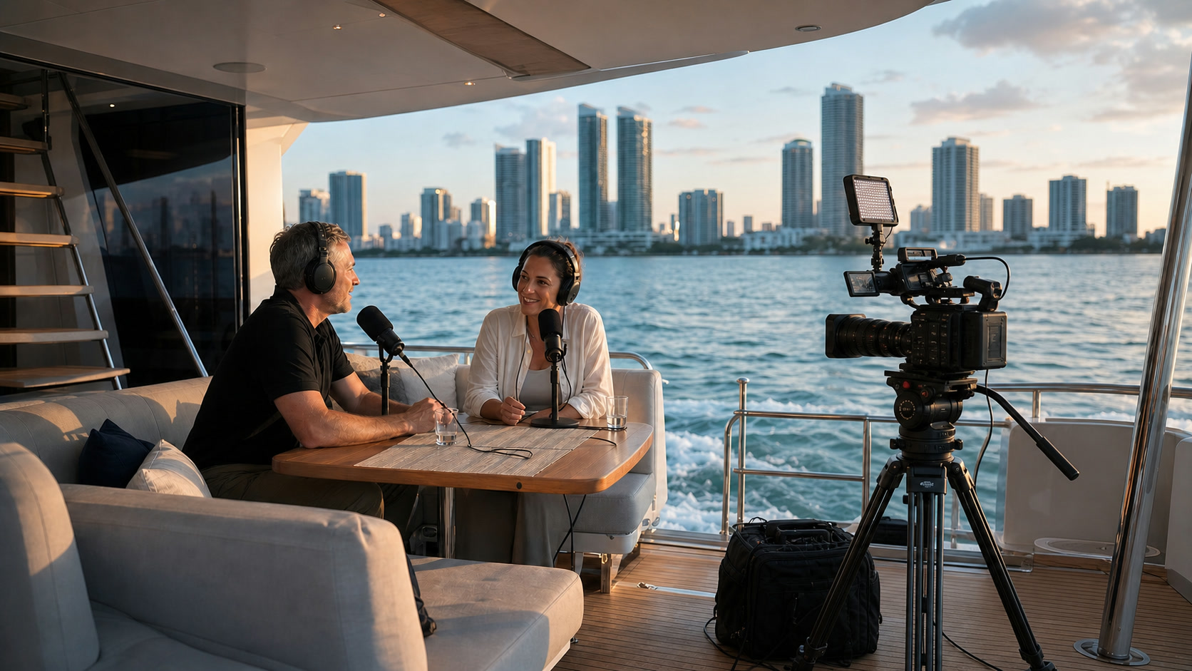 A tripod-mounted cinema camera filming two podcast guests on a yacht in Miami