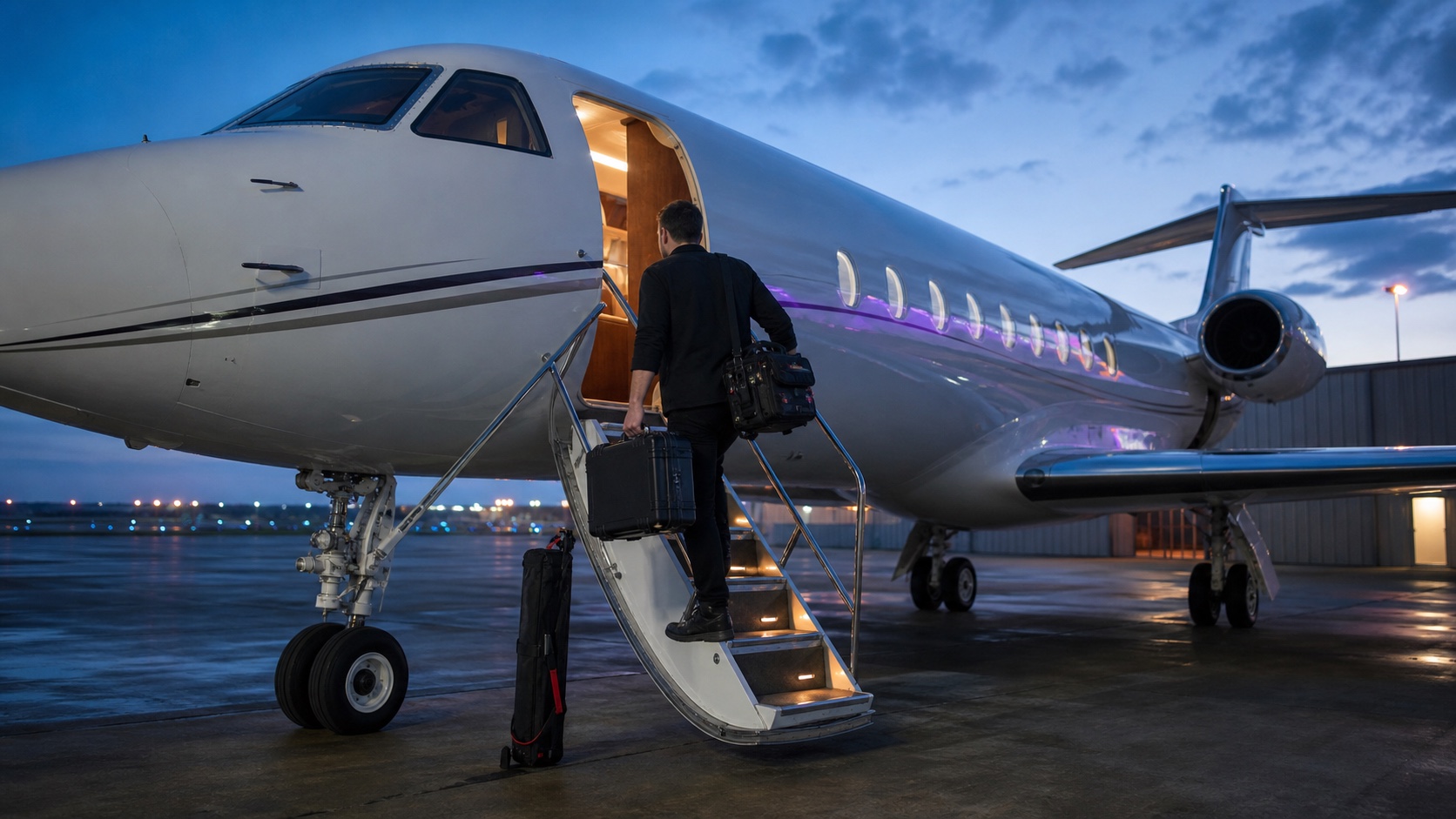 Videographer carrying a compact podcast production kit aboard a private jet