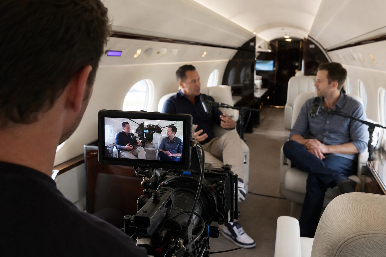 A professional podcast camera positioned inside a private jet