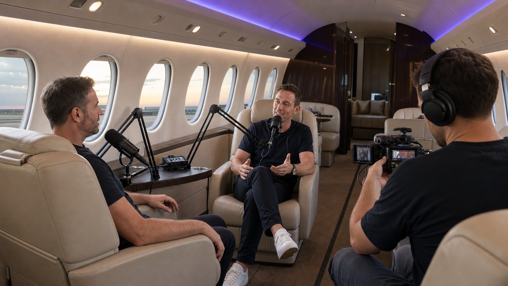 Two hosts recording a podcast inside a private jet while a videographer films them