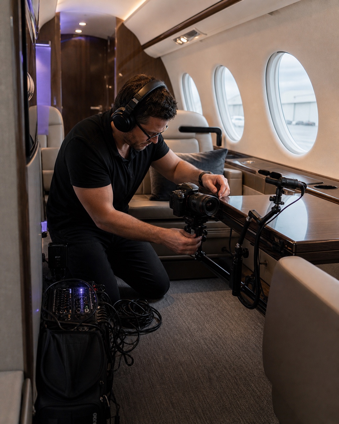 Videographer securing a compact podcast camera setup inside a private jet