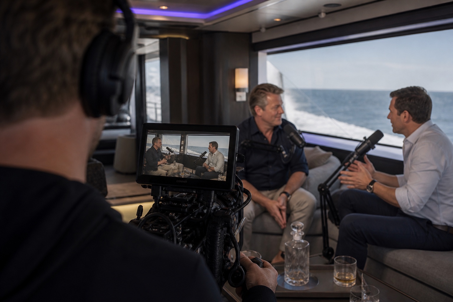 Camera monitor framing two podcast hosts during a yacht recording