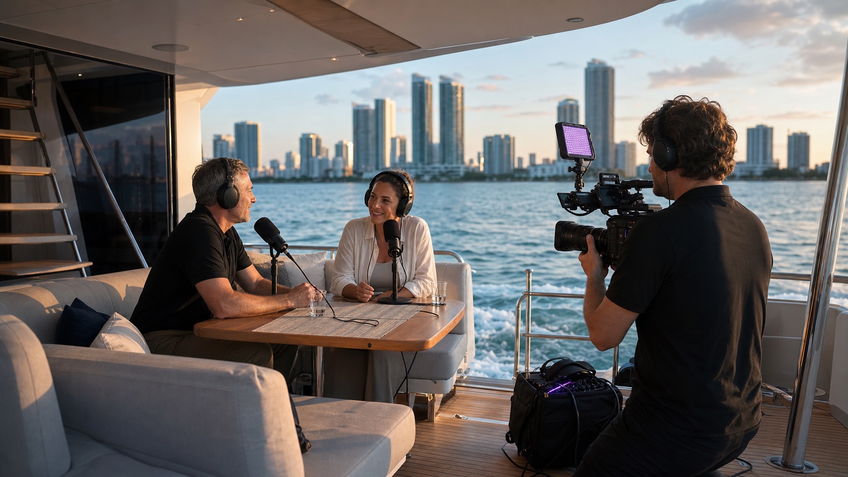 Two hosts recording a podcast on a yacht deck at golden hour