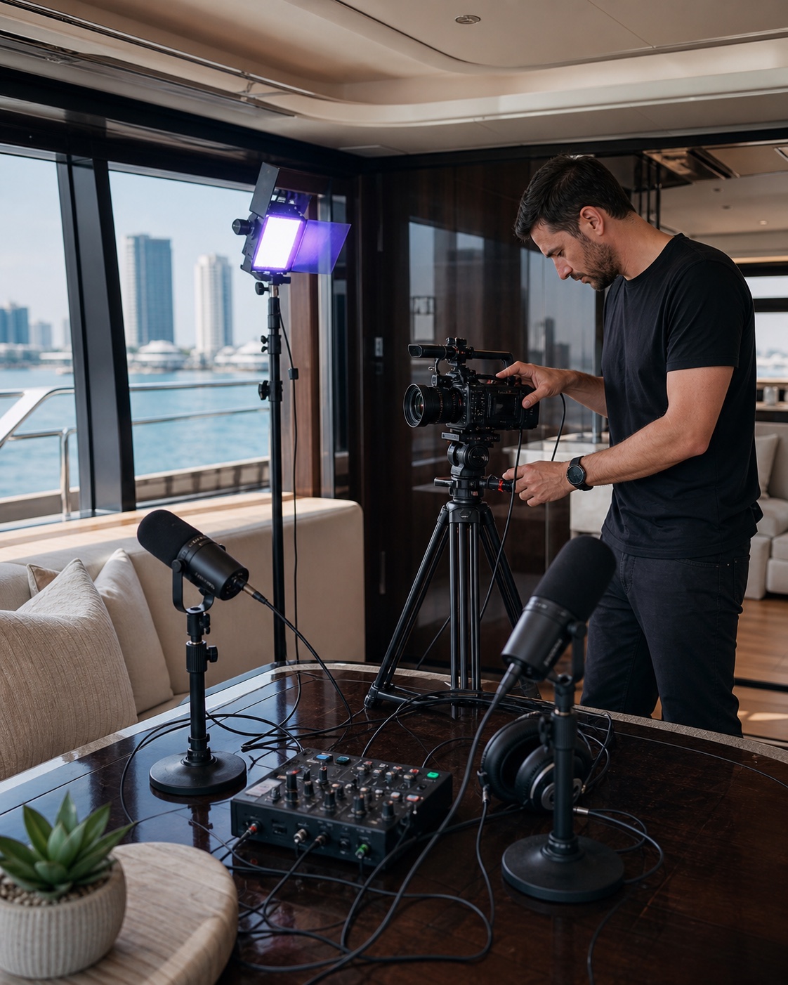 Videographer preparing podcast cameras and microphones inside a yacht