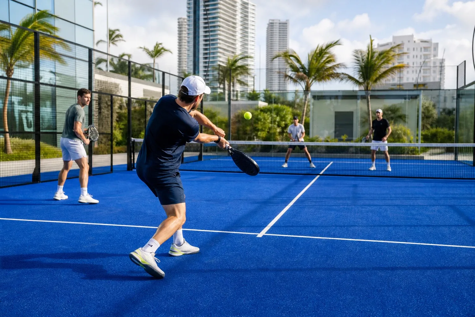 Four players competing on an outdoor padel court in Miami