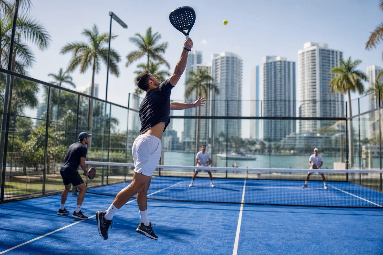 A player jumping for an overhead shot on a Miami padel court