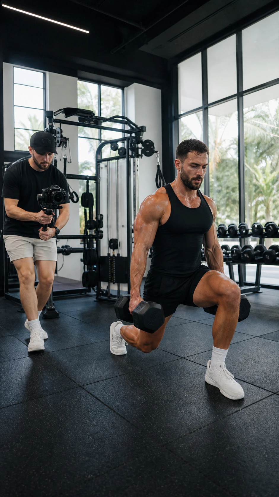 A videographer following an athlete through a private gym workout