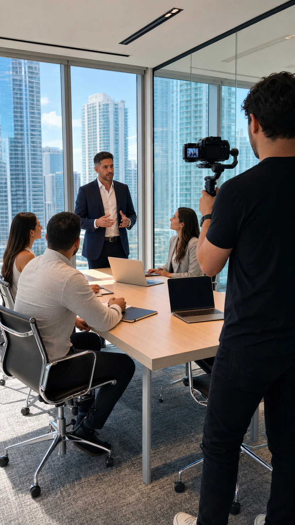 A videographer filming an entrepreneur leading a meeting in a Brickell office
