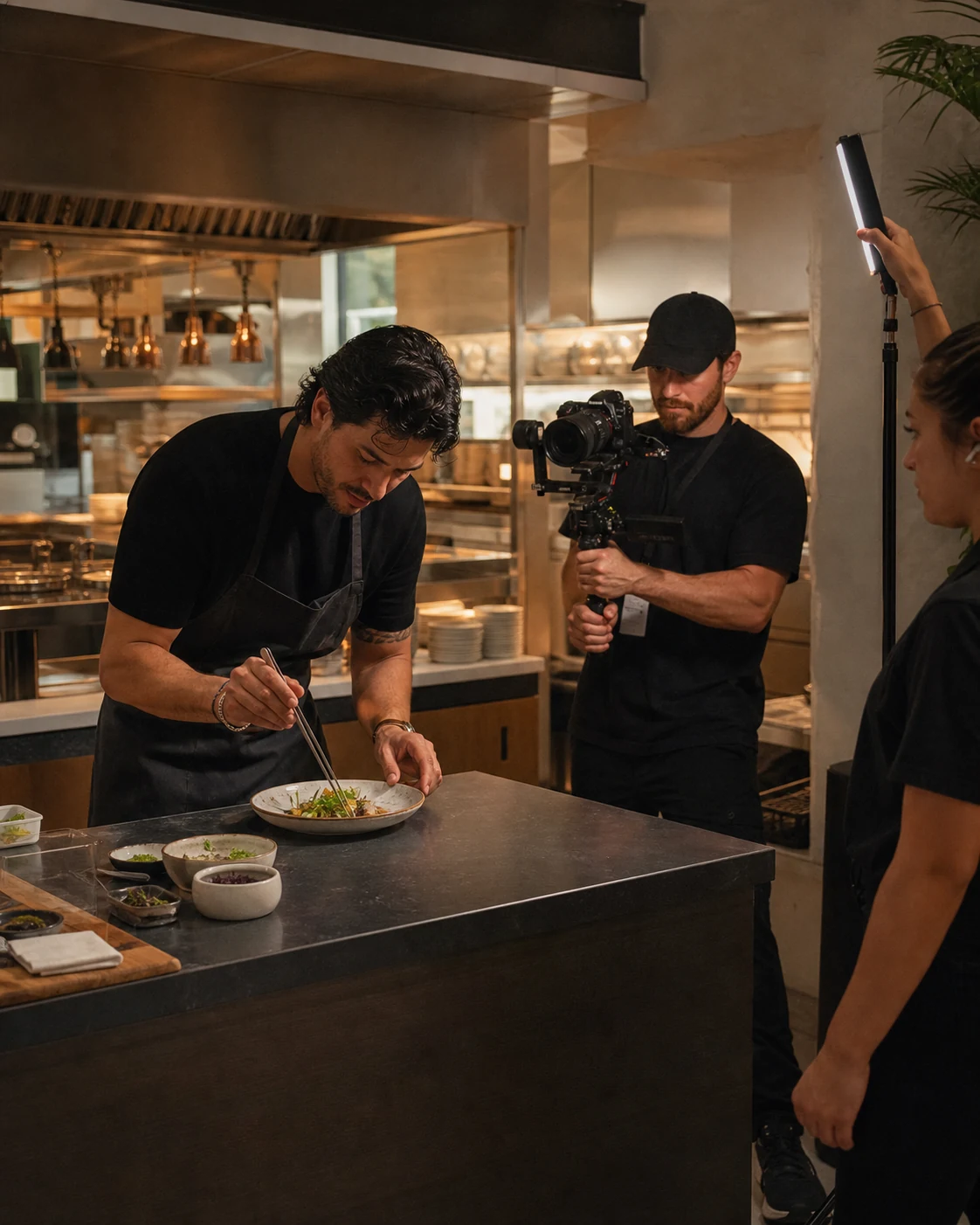 A Miami chef creator filmed behind the scenes while plating a dish in a restaurant kitchen