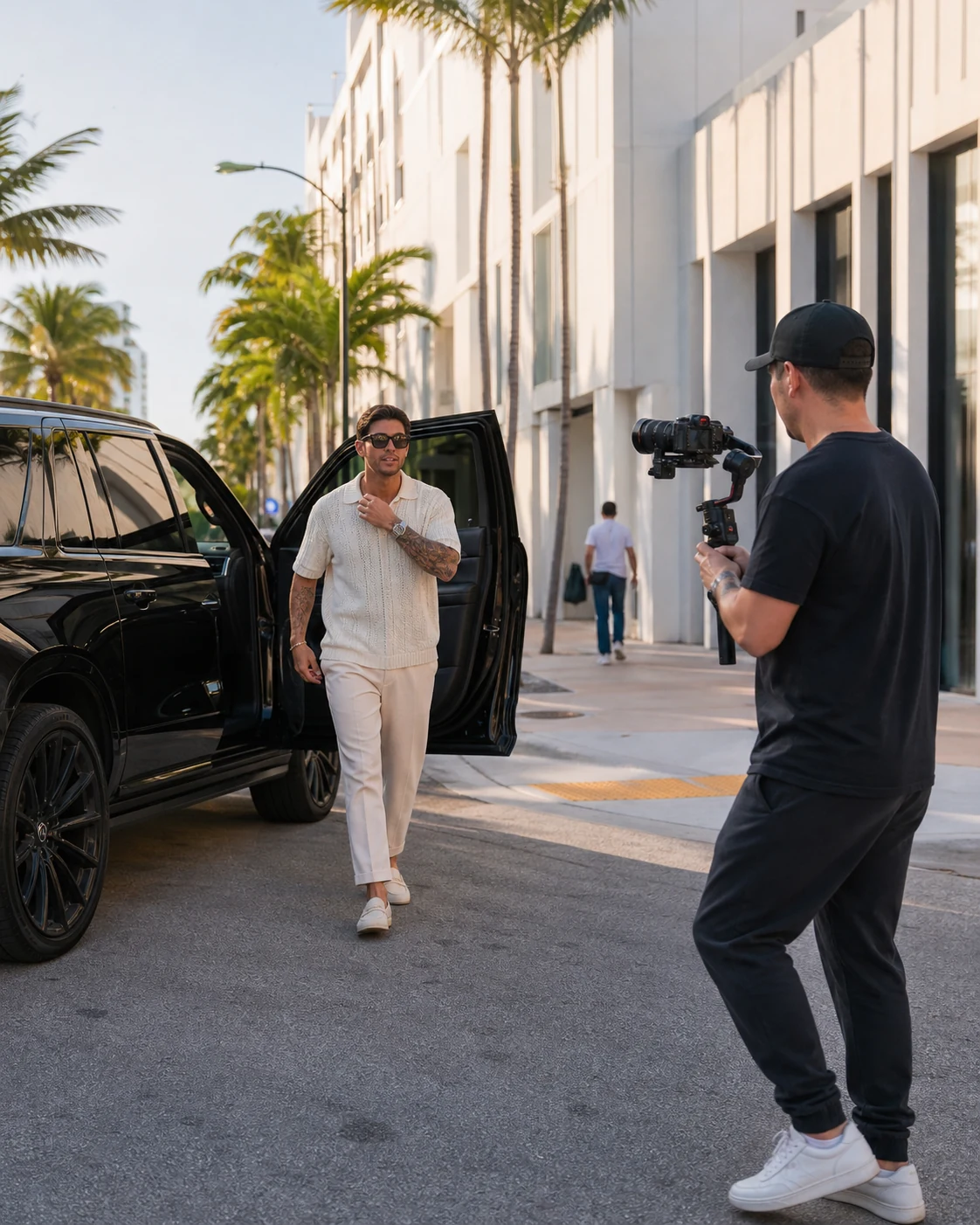 A Miami creator filmed beside a luxury SUV during a day-in-the-life shoot