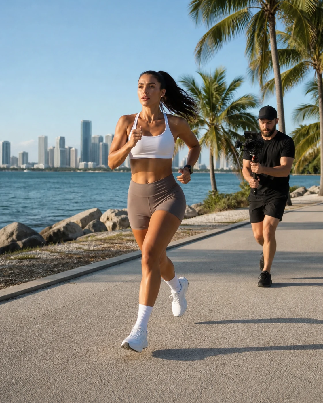 A fitness influencer running beside Biscayne Bay while a videographer captures the motion