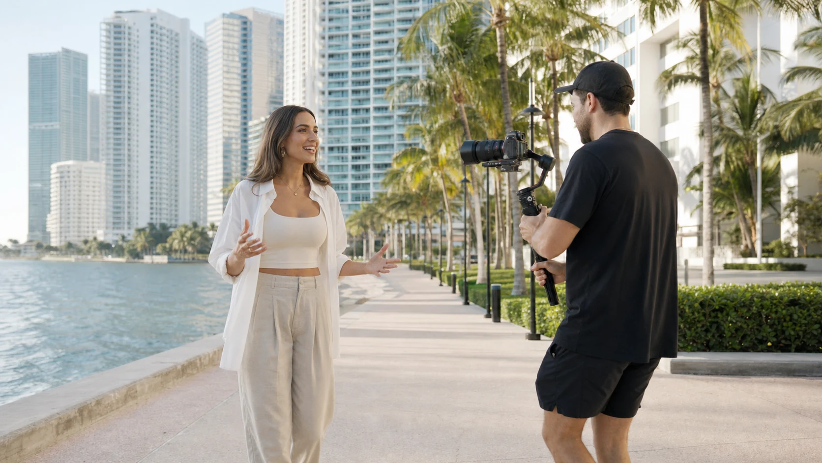 A personal brand video being filmed beside the Miami waterfront