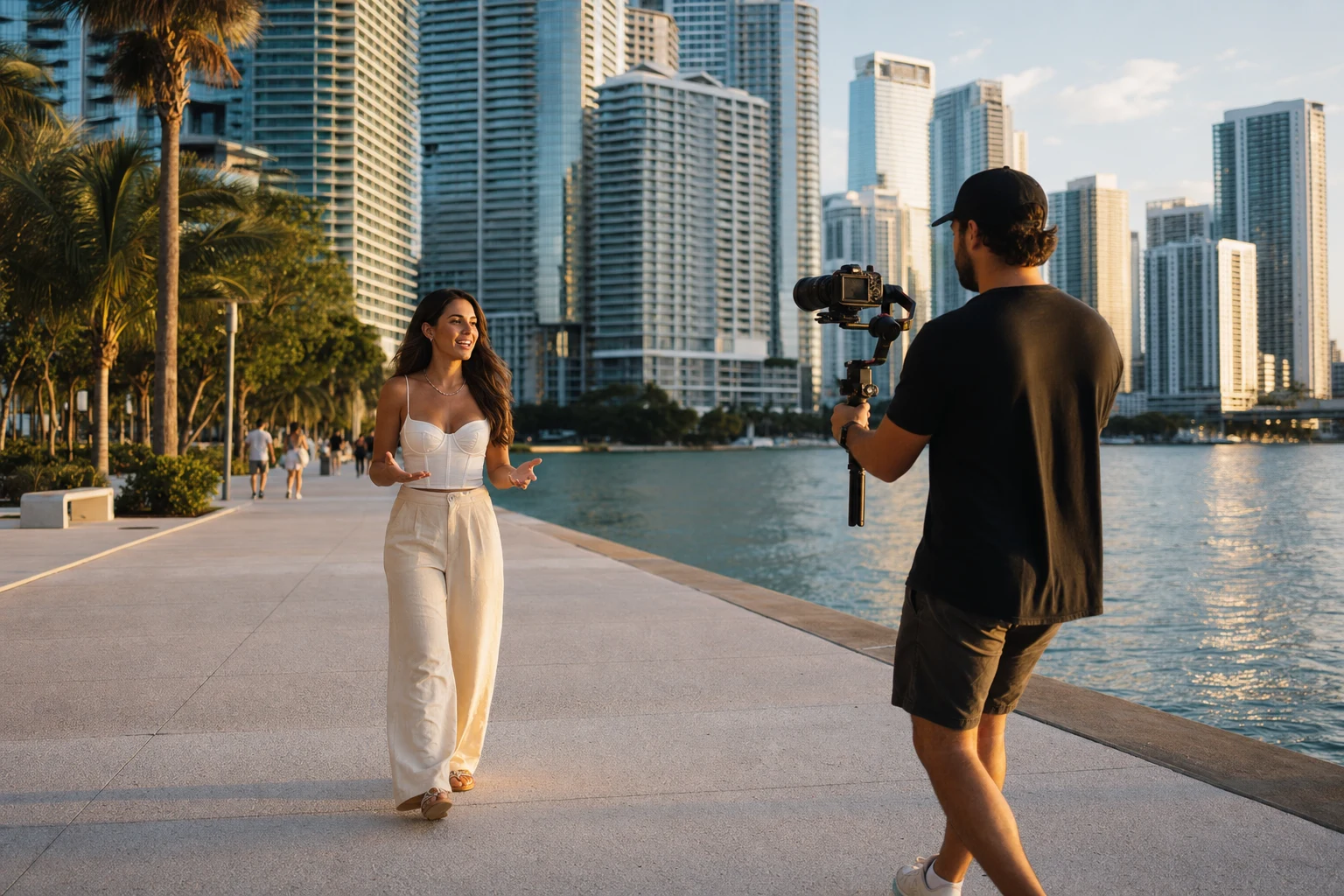 A professional videographer filming a lifestyle influencer on the Brickell waterfront in Miami