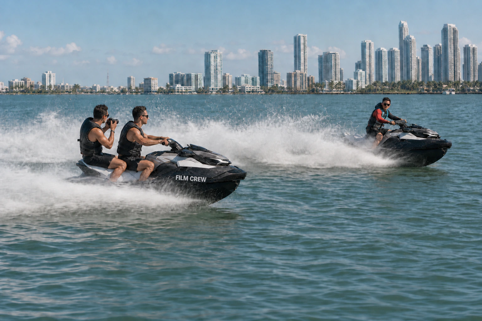 A CONTENCITY videographer filming a jet-ski rider on Biscayne Bay with the Miami skyline behind him