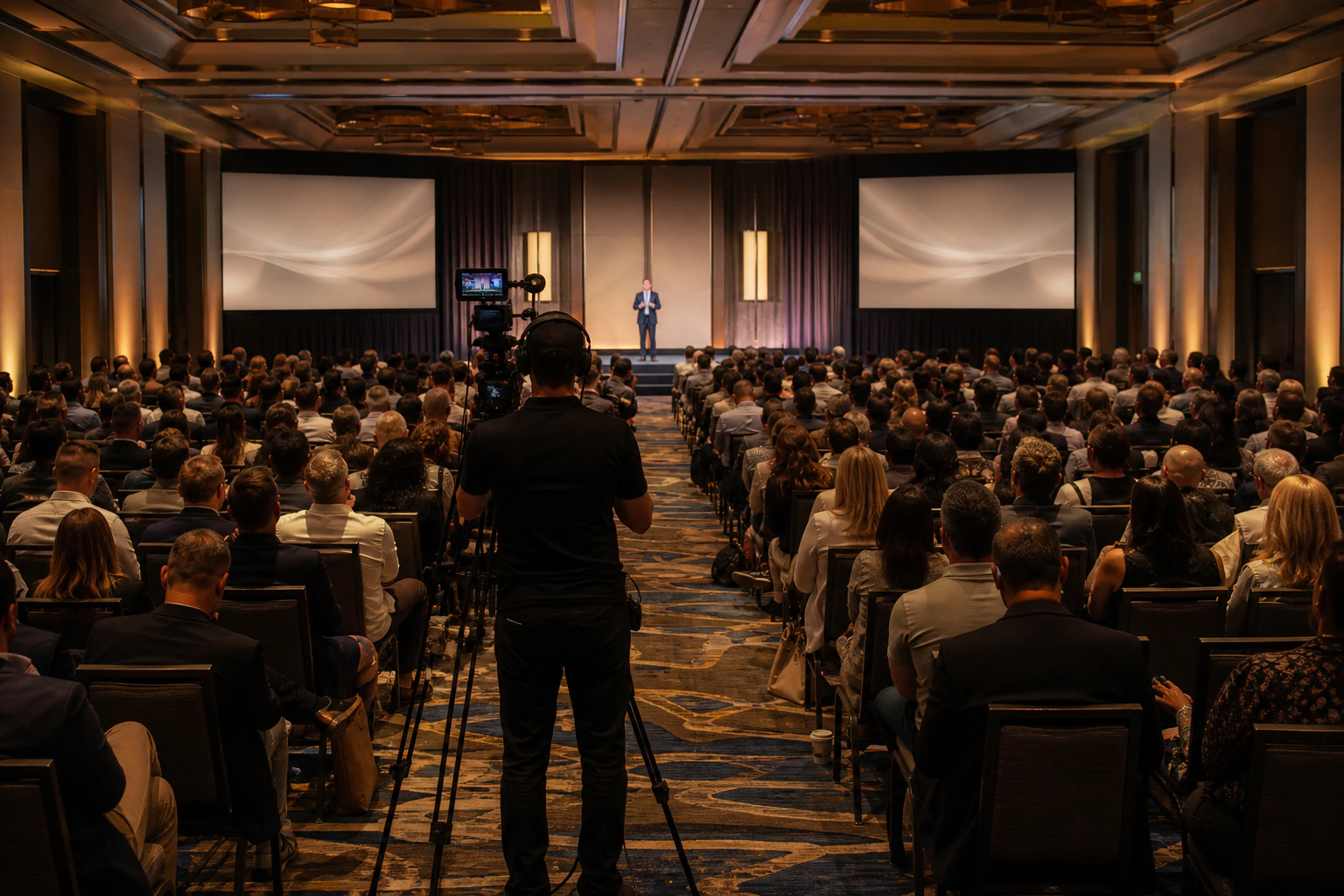 A videographer recording a mastermind speaker before a full hotel auditorium