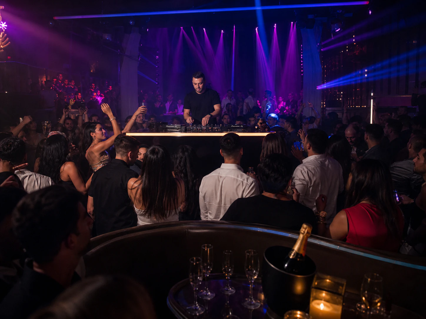 A DJ performing for a packed crowd inside a Miami nightclub