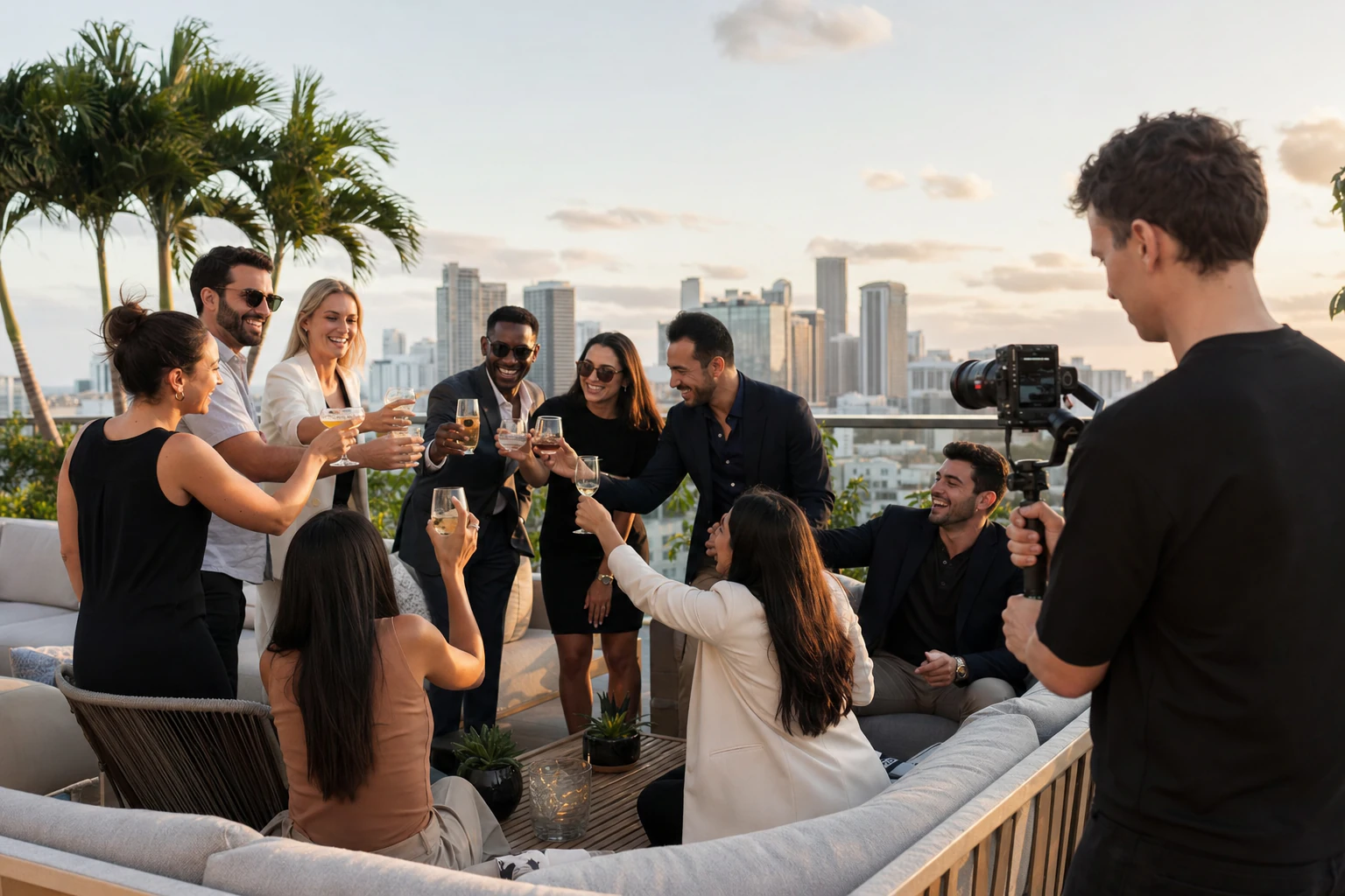 A videographer filming a company team gathering on a Brickell rooftop