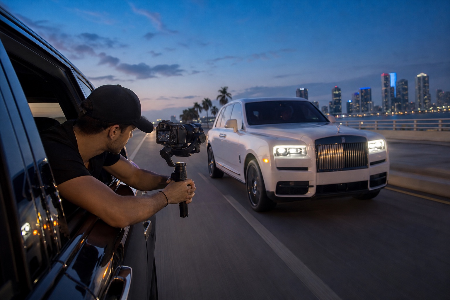 A CONTENCITY videographer filming a Rolls-Royce roller from a moving SUV on a Miami causeway