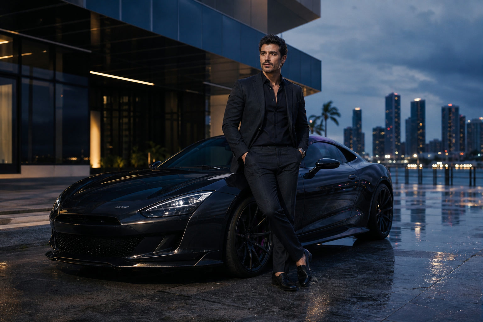 An automotive personal brand portrait photographed at blue hour in Miami
