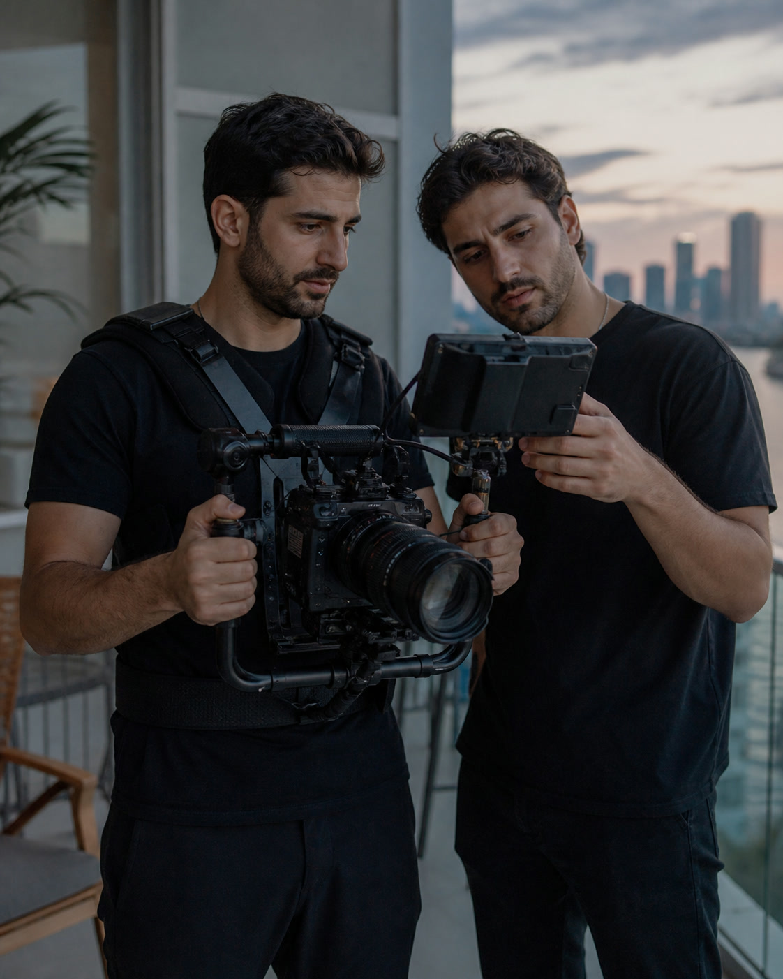 Two brothers reviewing a cinema camera together during a Miami video shoot